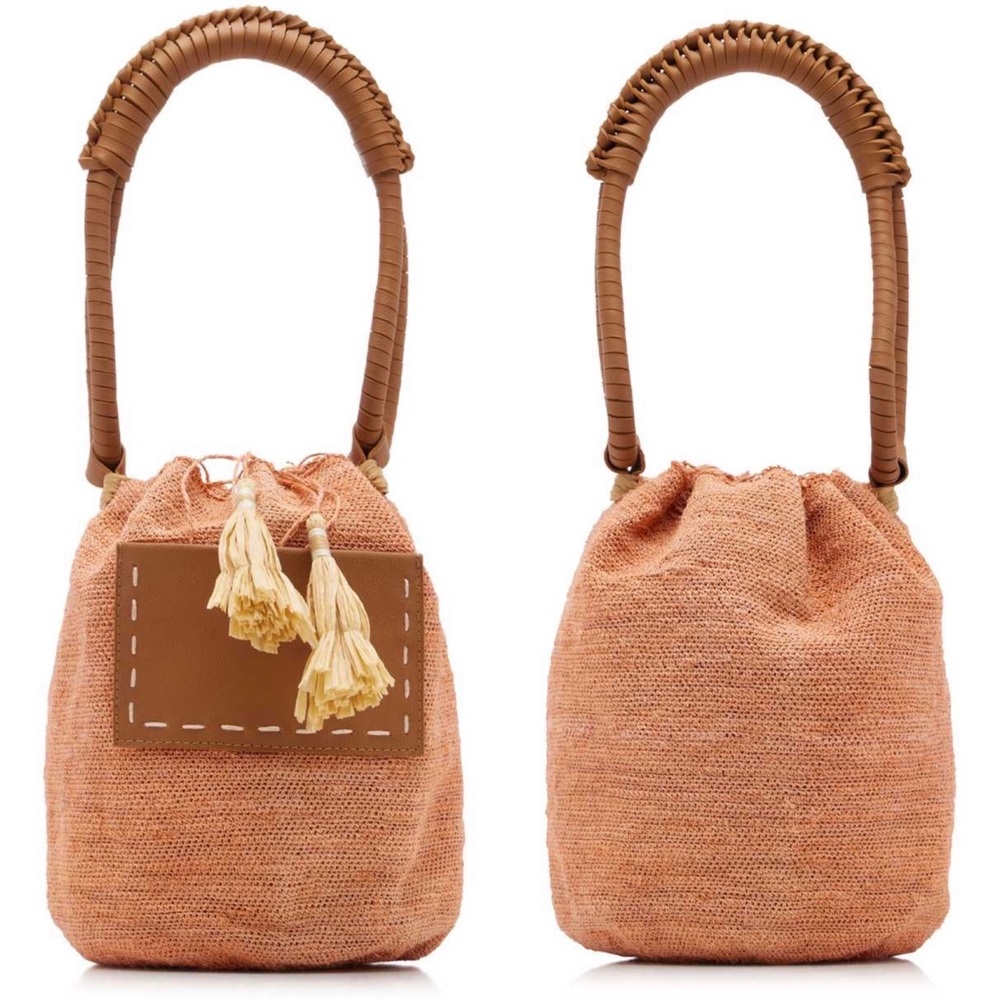 Johanna Ortiz Peach Woven Shoulder Bucket Bag with Tassels and Dust Bag